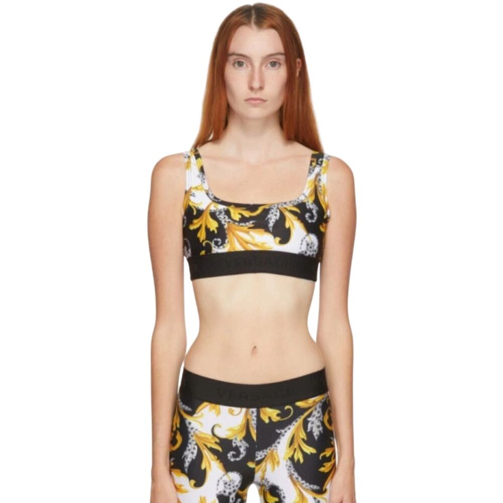 Versace Barocco Acanthus Print Sports Bra White Black Gold Women's Size 1